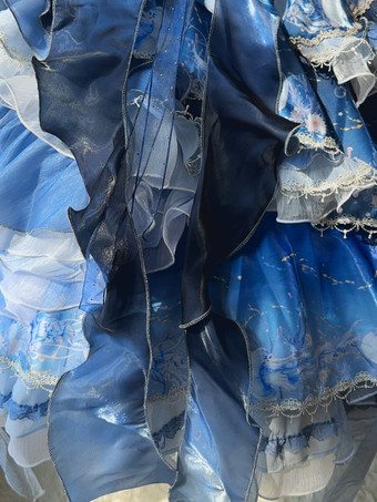 スイートロリータドレス ディープブルー ノースリーブ ティーパーティースタイル 花柄 オーガンザスカート レースディテール かわいいファッション