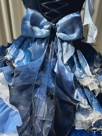 スイートロリータドレス ディープブルー ノースリーブ ティーパーティースタイル 花柄 オーガンザスカート レースディテール かわいいファッション