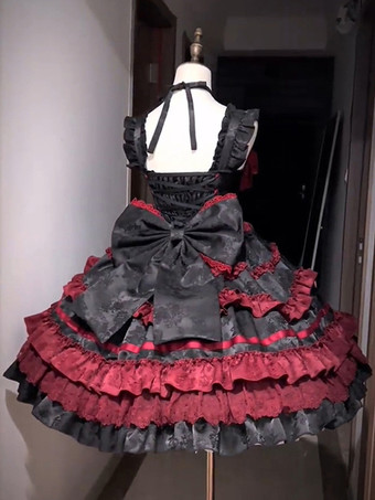   ゴシックロリータドレス 赤黒 半袖 リボンとフリル付き かわいいファッション