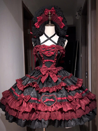   ゴシックロリータドレス 赤黒 半袖 リボンとフリル付き かわいいファッション