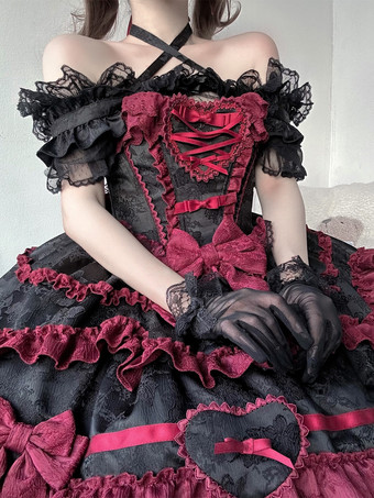   ゴシックロリータドレス 赤黒 半袖 リボンとフリル付き かわいいファッション