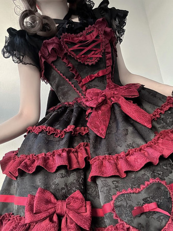   ゴシックロリータドレス 赤黒 半袖 リボンとフリル付き かわいいファッション
