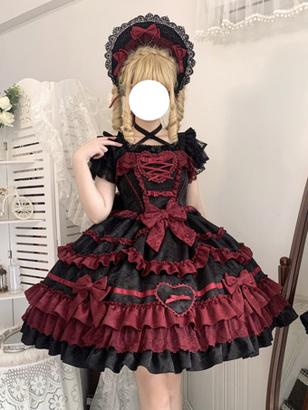   ゴシックロリータドレス 赤黒 半袖 リボンとフリル付き かわいいファッション