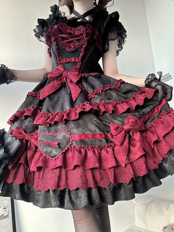   ゴシックロリータドレス 赤黒 半袖 リボンとフリル付き かわいいファッション