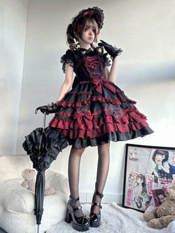   ゴシックロリータドレス 赤黒 半袖 リボンとフリル付き かわいいファッション