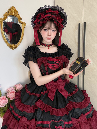   ゴシックロリータドレス 赤黒 半袖 リボンとフリル付き かわいいファッション