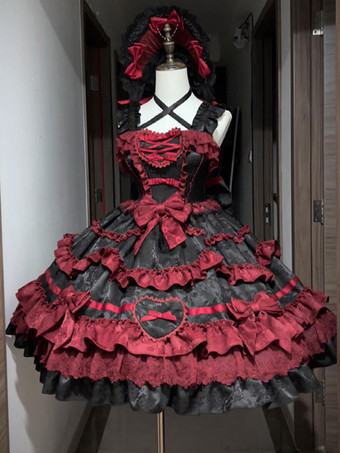   ゴシックロリータドレス 赤黒 半袖 リボンとフリル付き かわいいファッション