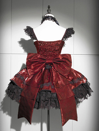   ゴシックロリータドレス バーガンディカラーブロック リボンとフリル付き かわいいファッション