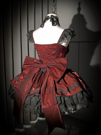   ゴシックロリータドレス バーガンディカラーブロック リボンとフリル付き かわいいファッション