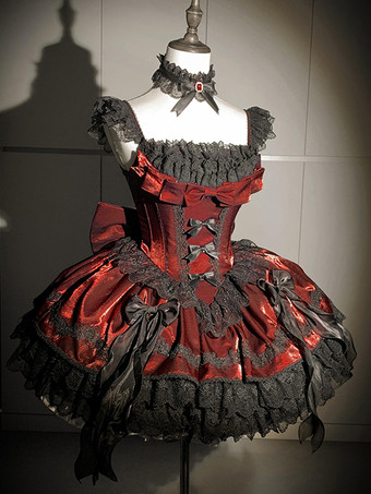   ゴシックロリータドレス バーガンディカラーブロック リボンとフリル付き かわいいファッション