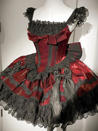   ゴシックロリータドレス バーガンディカラーブロック リボンとフリル付き かわいいファッション