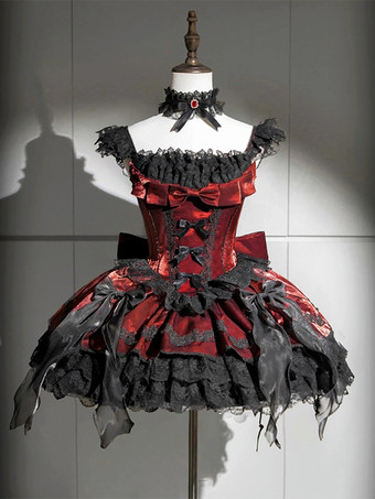 ワインレッド   ゴシックロリータドレス バーガンディカラーブロック リボンとフリル付き かわいいファッション