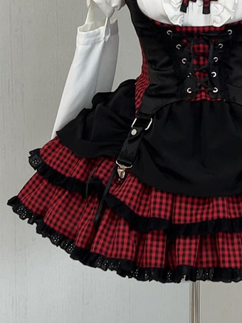 ゴシックロリータ衣装 ホワイトチェック柄フリル半袖スカートセット クラバット付き かわいいファッション