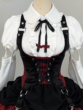ゴシックロリータ衣装 ホワイトチェック柄フリル半袖スカートセット クラバット付き かわいいファッション