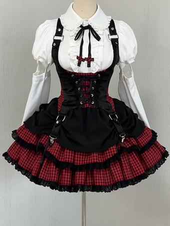 ゴシックロリータ衣装 ホワイトチェック柄フリル半袖スカートセット クラバット付き かわいいファッション