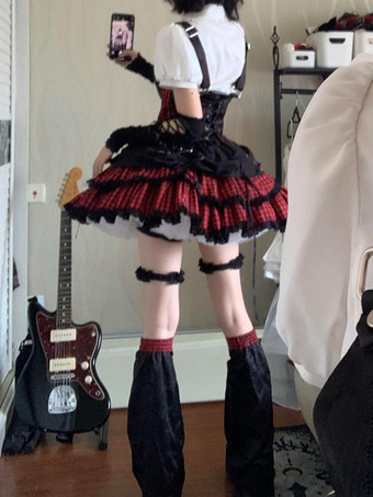ゴシックロリータ衣装 ホワイトチェック柄フリル半袖スカートセット クラバット付き かわいいファッション