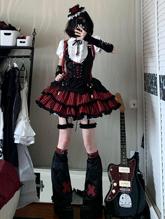 ゴシックロリータ衣装 ホワイトチェック柄フリル半袖スカートセット クラバット付き かわいいファッション