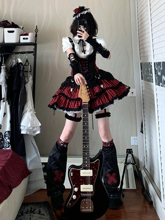 ゴシックロリータ衣装 ホワイトチェック柄フリル半袖スカートセット クラバット付き かわいいファッション