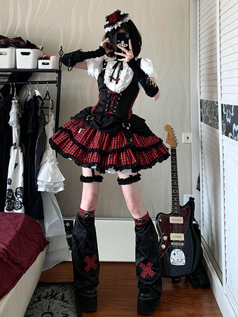 ホワイト ゴシックロリータ衣装 ホワイトチェック柄フリル半袖スカートセット クラバット付き かわいいファッション