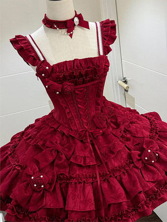   ゴシックロリータドレス バーガンディジャカード 花とリボン付き かわいいファッション