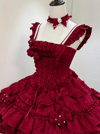   ゴシックロリータドレス バーガンディジャカード 花とリボン付き かわいいファッション