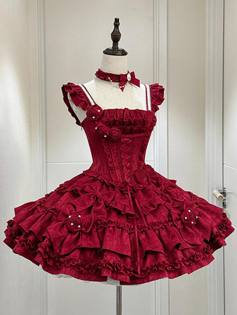   ゴシックロリータドレス バーガンディジャカード 花とリボン付き かわいいファッション