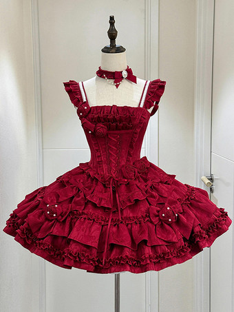   ゴシックロリータドレス バーガンディジャカード 花とリボン付き かわいいファッション