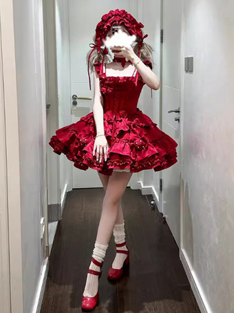   ゴシックロリータドレス バーガンディジャカード 花とリボン付き かわいいファッション