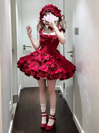   ゴシックロリータドレス バーガンディジャカード 花とリボン付き かわいいファッション