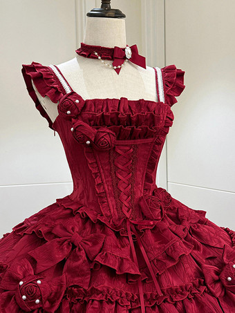   ゴシックロリータドレス バーガンディジャカード 花とリボン付き かわいいファッション