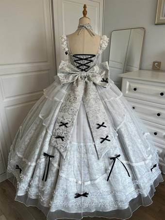 ハロウィン ゴシックウェディングロリータドレス ブルーグレージャカード パーティードレス リボンとフリル付き かわいいファッション