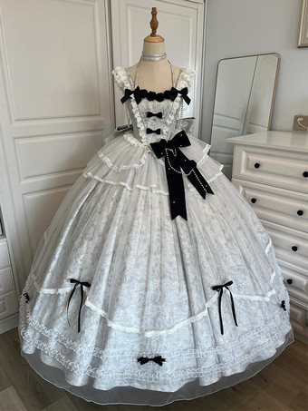 Vestidos de novia góticos Lolita para la vuelta al cole con volantes y lazos en jacquard azul grisáceo.