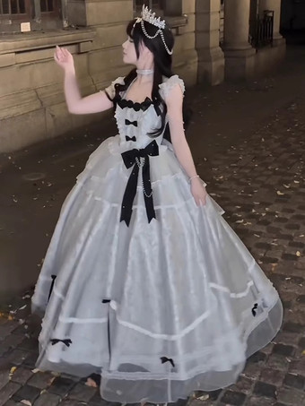 ハロウィン ゴシックウェディングロリータドレス ブルーグレージャカード パーティードレス リボンとフリル付き かわいいファッション