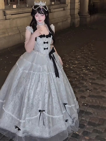 ハロウィン ゴシックウェディングロリータドレス ブルーグレージャカード パーティードレス リボンとフリル付き かわいいファッション