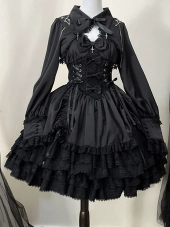   ゴシックロリータドレス ブラック ノースリーブ JSK リボンとフリル付き かわいいファッション