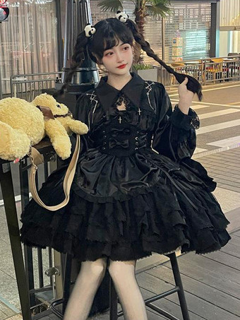   ゴシックロリータドレス ブラック ノースリーブ JSK リボンとフリル付き かわいいファッション