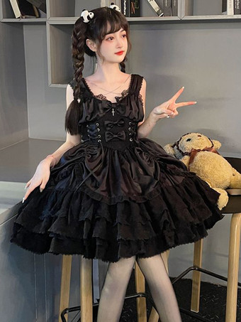   ゴシックロリータドレス ブラック ノースリーブ JSK リボンとフリル付き かわいいファッション