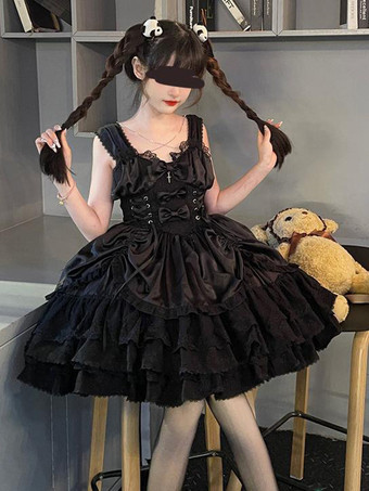   ゴシックロリータドレス ブラック ノースリーブ JSK リボンとフリル付き かわいいファッション