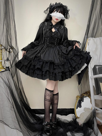   ゴシックロリータドレス ブラック ノースリーブ JSK リボンとフリル付き かわいいファッション