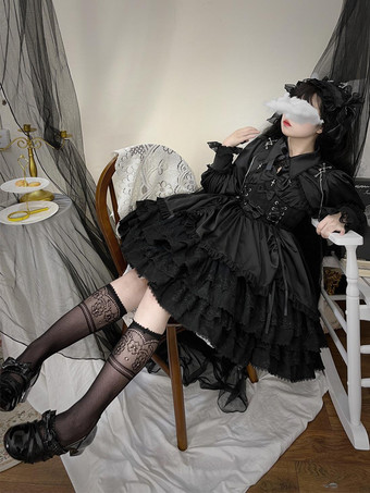   ゴシックロリータドレス ブラック ノースリーブ JSK リボンとフリル付き かわいいファッション