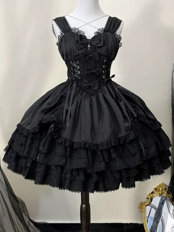   ゴシックロリータドレス ブラック ノースリーブ JSK リボンとフリル付き かわいいファッション