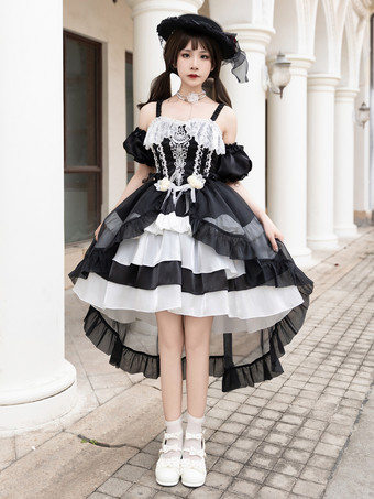 ブラック 姫ゴシック スイートロリータドレス ライトスカイブルー ノースリーブ リボン ジャンパー ポリエステル かわいい ファッション