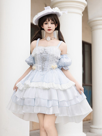 姫ゴシック スイートロリータドレス ライトスカイブルー ノースリーブ リボン ジャンパー ポリエステル かわいい ファッション