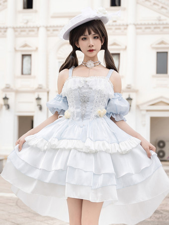 ライトスカイブルー姫ゴシック スイートロリータドレス ライトスカイブルー ノースリーブ リボン ジャンパー ポリエステル かわいい ファッション