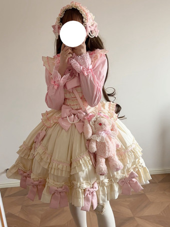 姫スイートロリータドレス アプリコット ノースリーブ リボン ジャンパー ポリエステル かわいい ファッション