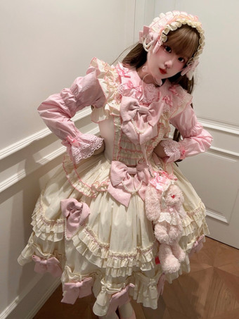 姫スイートロリータドレス アプリコット ノースリーブ リボン ジャンパー ポリエステル かわいい ファッション