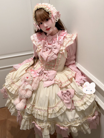 姫スイートロリータドレス アプリコット ノースリーブ リボン ジャンパー ポリエステル かわいい ファッション