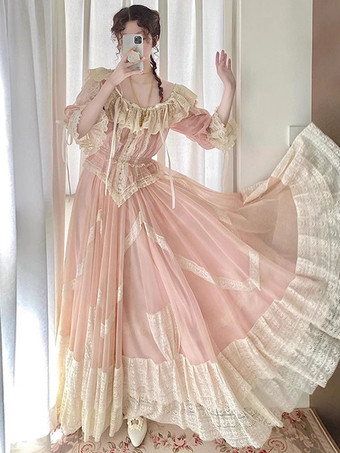 クラシックロリータ衣装 ピンクカラーブロックフリル半袖トップススカートセット かわいいファッション