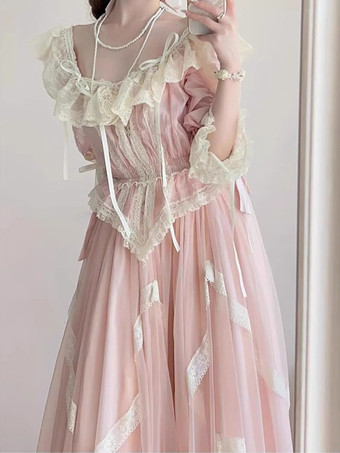 クラシックロリータ衣装 ピンクカラーブロックフリル半袖トップススカートセット かわいいファッション