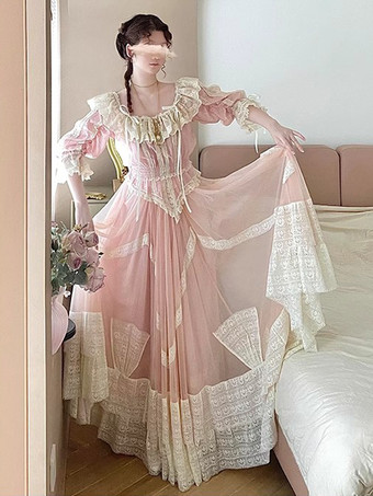 クラシックロリータ衣装 ピンクカラーブロックフリル半袖トップススカートセット かわいいファッション